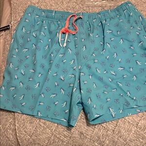 Southern Tide Aqua Swim Trunks with Pink Drawstring